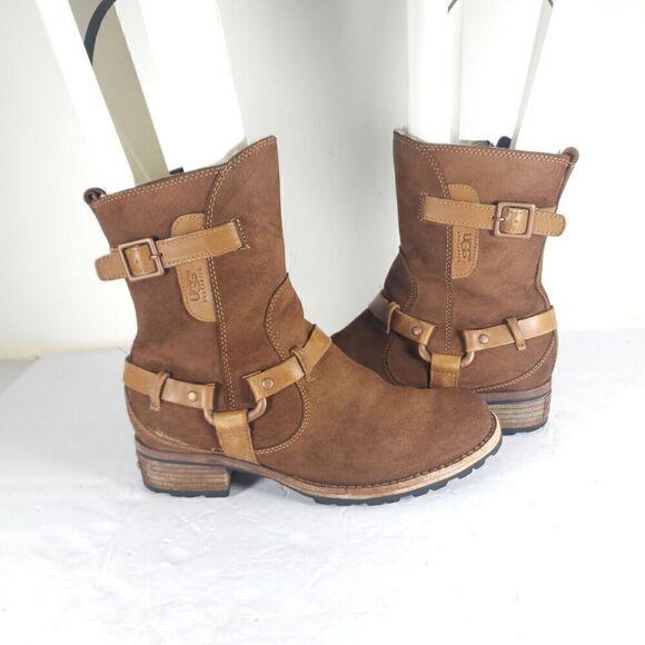 Ugg Women's Endell US 7 Brown Suede Sheepskin Lined Side Zip Moto Biker boots - Picture 9 of 16